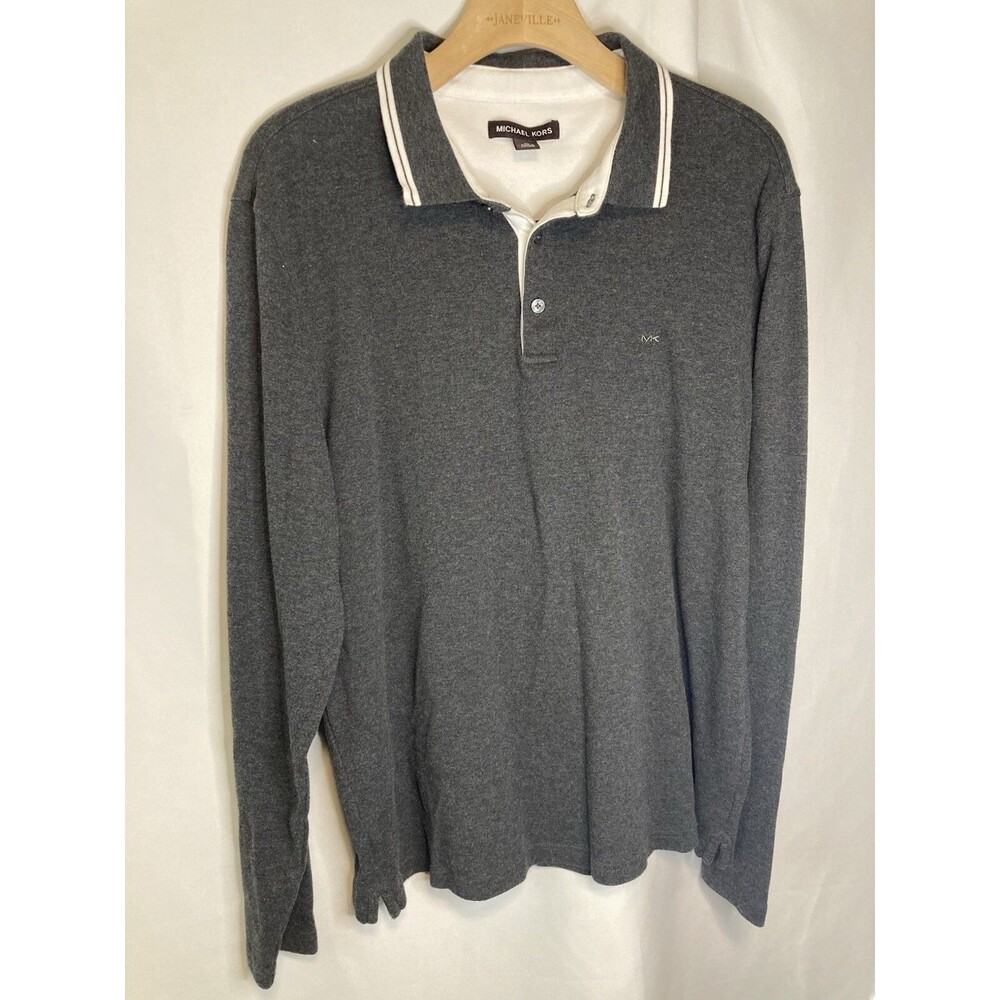 Michael Kors MK Logo Polo Men's XL Long Sleeve Greenwich Shirt Gray 100% Cotton